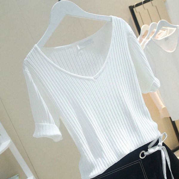 

women's t-shirt 2021 summer women korean style v-neck solid slim jumper tees female ice silk all-match short sleeve knitted a12, White