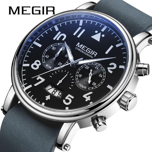 

wristwatches megir 2149 watches fashion brand leather waterproof watch mens chronograph business men wrist, Slivery;brown