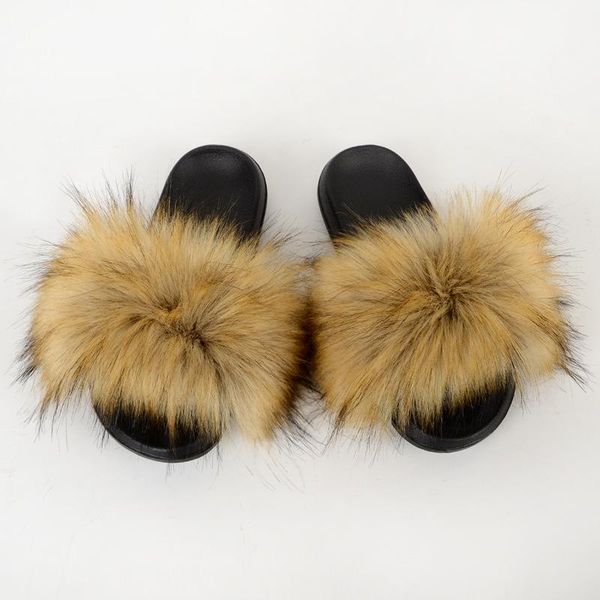 

woman imitation fur raccoon slippers artificial sandals beach shoes, Black