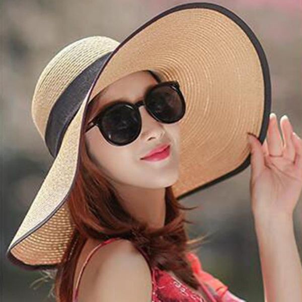 

wide brim hats women sun hat summer sunscreen beach straw cap brims outdoor solid color big black bow shading, Blue;gray