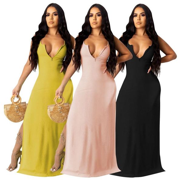 

casual dresses women v neck sleeveless solid long maxi dress summer party club vestidos, Black;gray