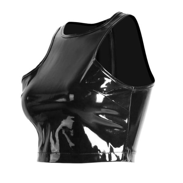 

bras sets exotic tanks women zipper back round neck tank wet look patent leather crop glossy sleeveless t-shirt clubwear, Red;black