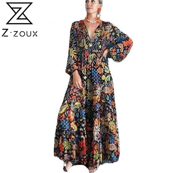 

women dress v-neck lantern sleeve printing dresses plus size long vintage flowers 210513, Black;gray