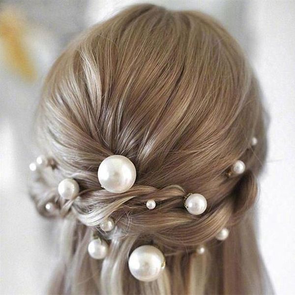 

women u-shaped pin metal barrette clip hairpins simulated pearl bridal tiara hair accessories wedding hairstyle design tools bun maker, Brown
