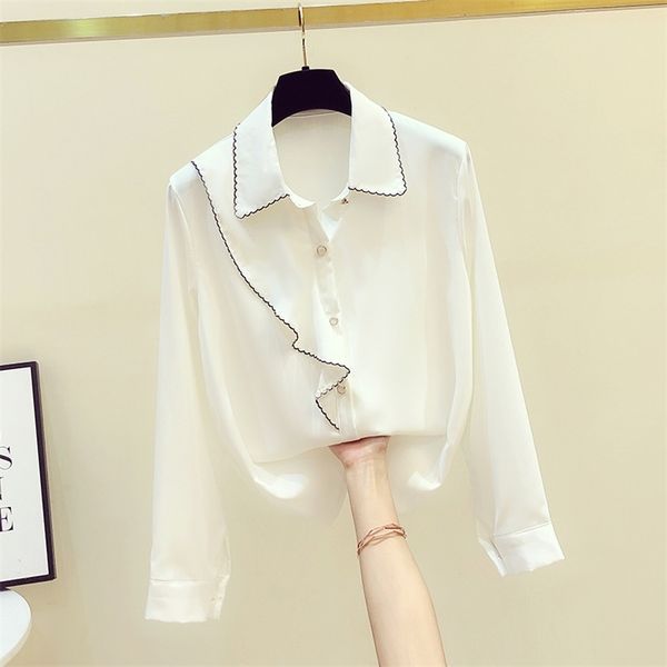 

autumn women's long sleeves turn down collar ruffles shirt office lady shirts blouse ol blusas a3377 210519, White