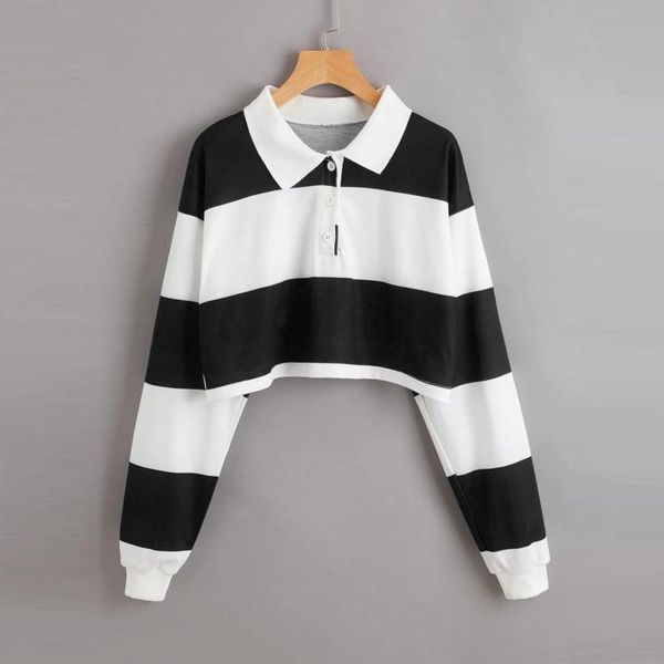 

women's hoodies & sweatshirts striped patchwork harajuku cropped women sweatshirt long sleeve turn down collar ladies button korean cas, Black