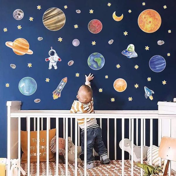

wall stickers cartoon planet self adhesive nine planets ufo astronaut rocket children's room decoration
