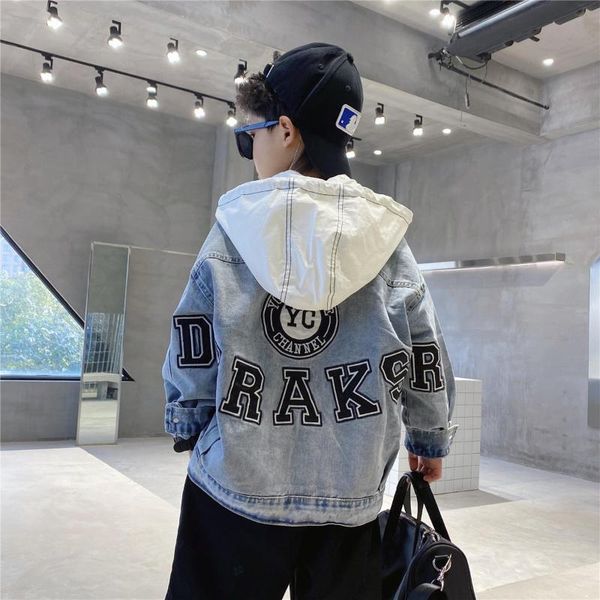 

jackets children's denim jeans jacket coat hooded 2021 fashion spring autumn kids outerwear windbreaker boys for 2-7 yrs, Blue;gray