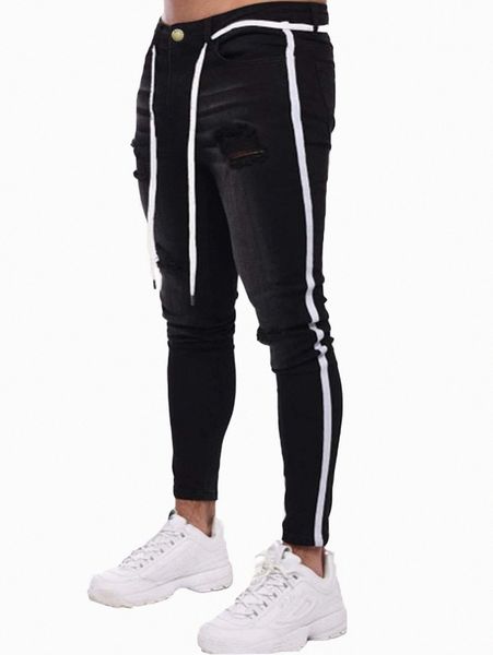 

men side stripe belted jeans v7oe#, Blue