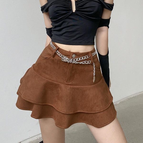 

skirts streetwear chain sashes y2k mini skirt women fashion korean aesthetic double ruffle pleated cake girl brown 2021 fall, Black