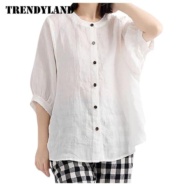 

women's t-shirt trendyland white t-shirts vintage short sleeve puffed shirts cotton linen button front loose t shirt designer wear
