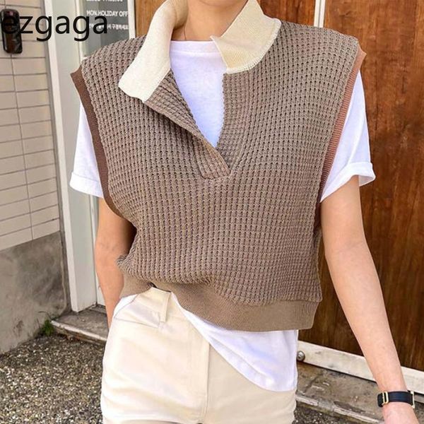 

women's vests ezgaga sleeveless sweater vest women korean chic autumn vintage stand collar patchwork loose knitted pullover casual, Black;white