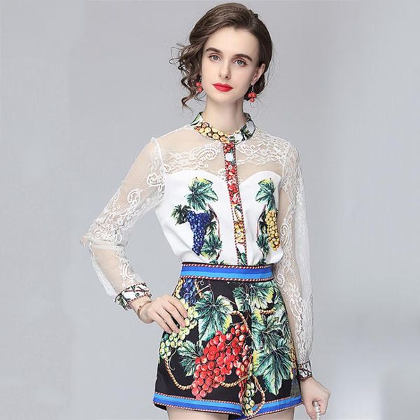 

women's tracksuits 2021 spring summer shorts 2 piece set women designer runway two sets lace blouse + womens outfit vintage, Gray