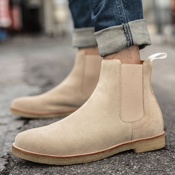 

dress shoes men chelsea boots ankle cow suede solid color genuine leather shoes fashion comfy autumn winter 38-44 vgor, Black