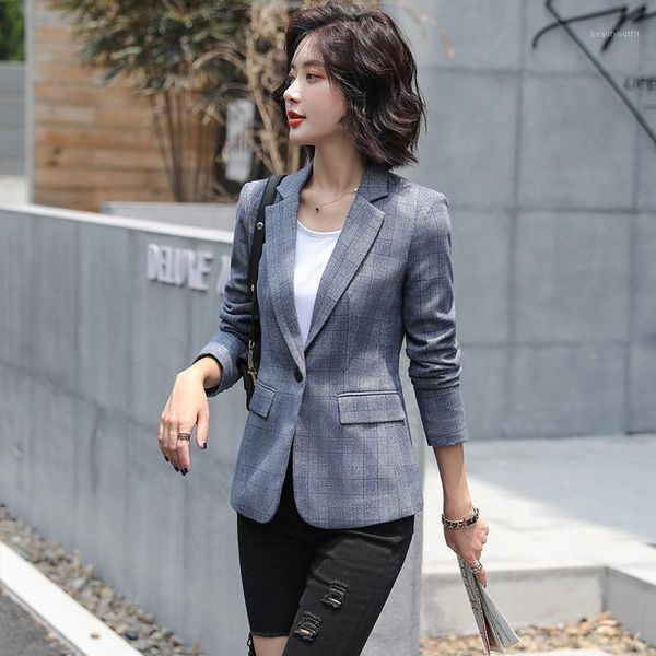 

women's one-shoulder jacket 2021 autumn casual fashion temperament slim slimming plaid wild single buckle shirt suits & blazers, White;black