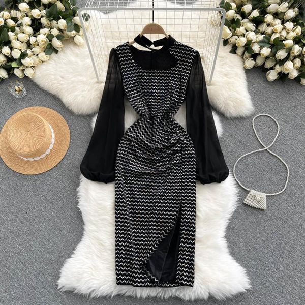 

casual dresses autumn vintage black sequins patchwork party bodycon dress elegant puff long sleeve high waist halter robe female vestidos 20, Black;gray