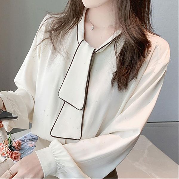 

long sleeve blusas mujer women blouses de moda bow v neck office chiffon shirt blusa d685, White