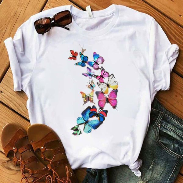 

women's t-shirt fashion casual butterfly printing o-neck loose short sleeve pullover oversized female t-shirts, White