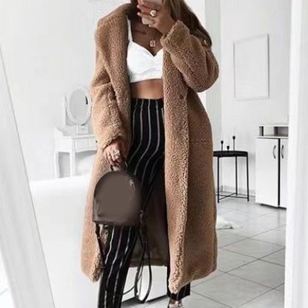 

women's wool & blends faux fur coat women autumn winter 2021 turn-down collar single breasted casual long jacket lady thick warm oversi, Black