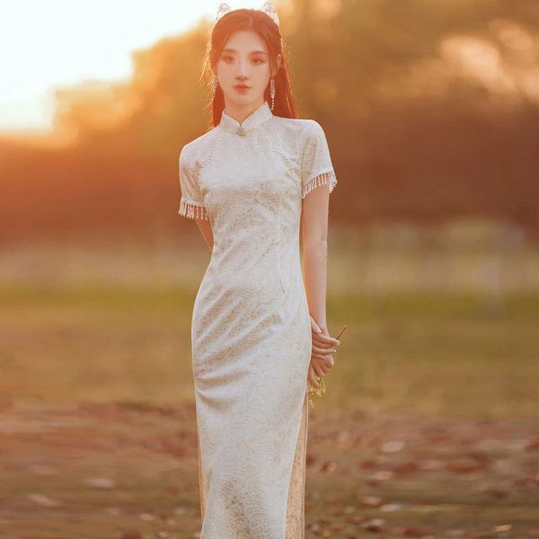 

ethnic clothing solid elegant bride wedding gown lace pearl vintage women chinese dress tassel short sleeve mandarin collar cheongsam slim q, Red
