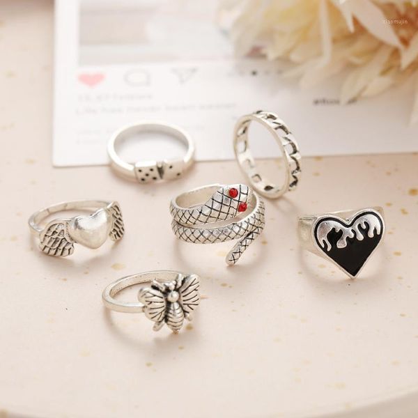 

cluster rings 6pcs punk silver color flame heart for women goth kpop snake bee dice animal couple fashion jewelry gift, Golden;silver