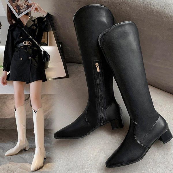 

boots autumn winter shoes women pointy toe leather knee high low heels fashion long motorcycle flats knight orange, Black