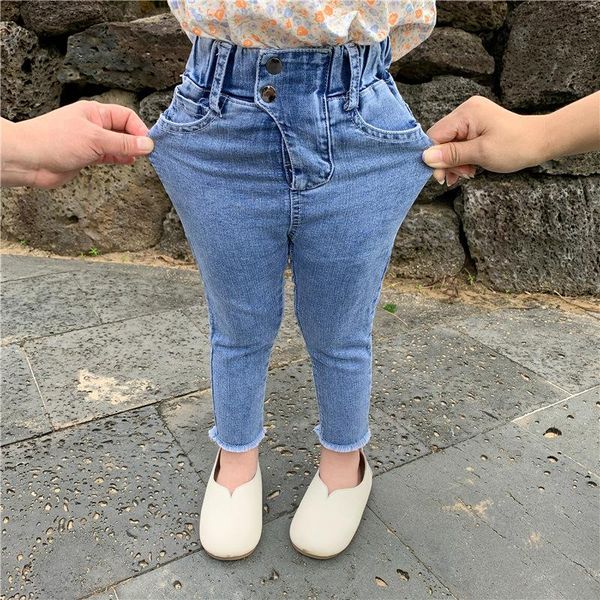 

girl slim jeans feet pants 2021 spring girls big stretch skinny pencil trousers baby foot, Blue