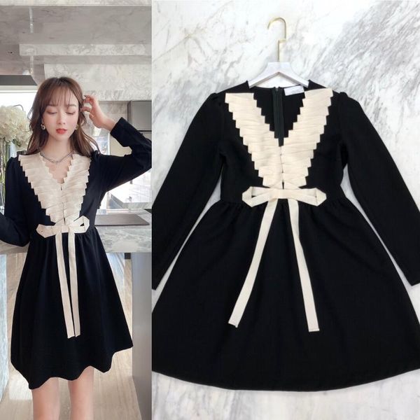 

casual dresses 2021 spring runway dress women fashion empire long sleeve black v-neck patchwork bow, Black;gray
