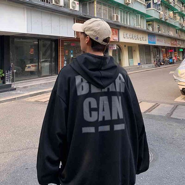 

men's hooded sweater fall winter couple american street fashion men's coat handsome loose trend versatile hip hop, Black