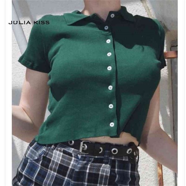 

women short sleeve collared button up crop opaque buttons t-shirt 210324, White
