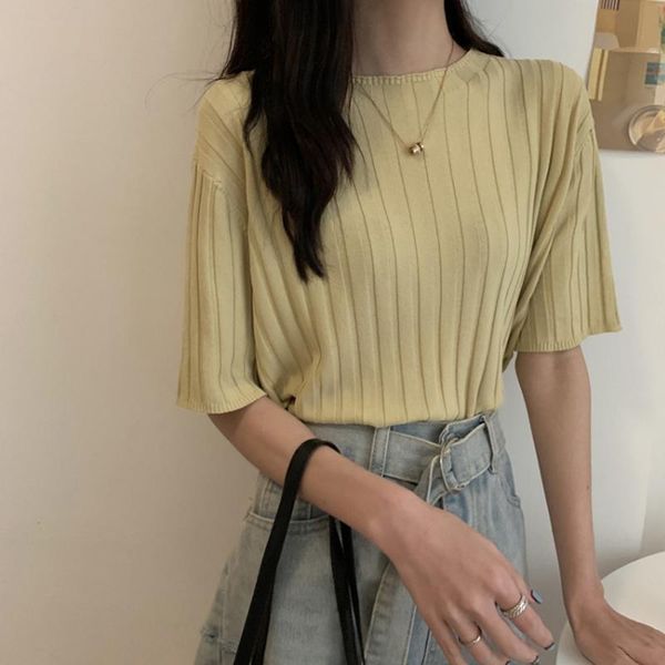 

women's t-shirt summer female online influencer korean style versatile solid color casual student fashionable short sleeve knitted, White