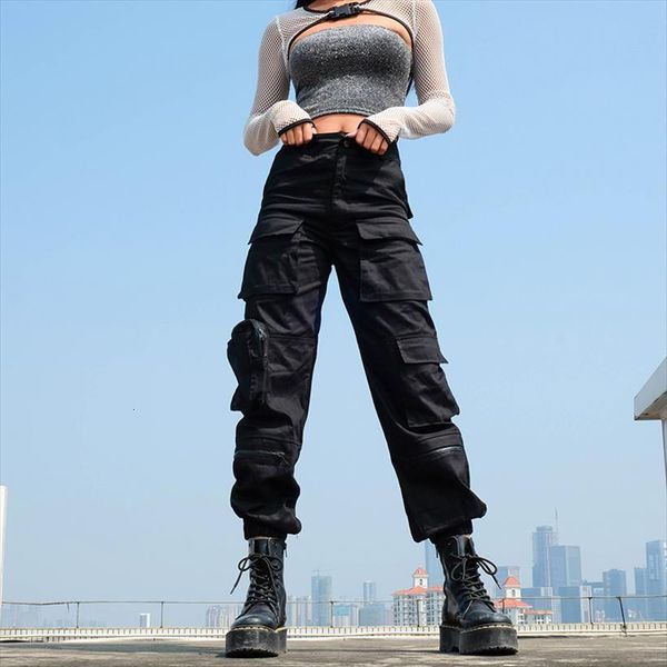 

high waist tooling plus size womens pant pockets lasdies street wear patchwork pencil sweat bottom korean style, Black;white