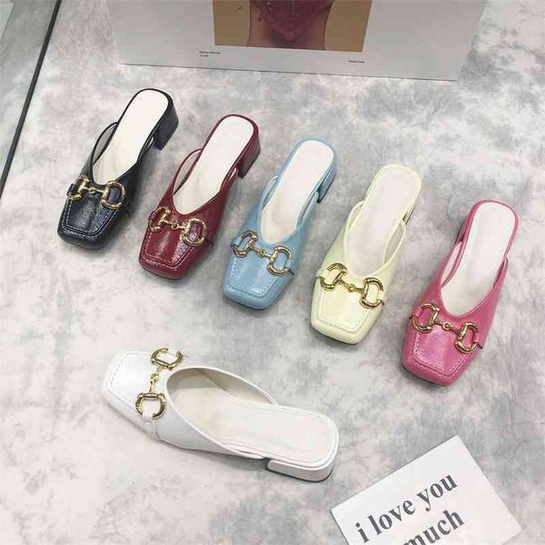 

g chain mid heel half slippers women summer 2021 packet head cool square horse clasp thick, Black