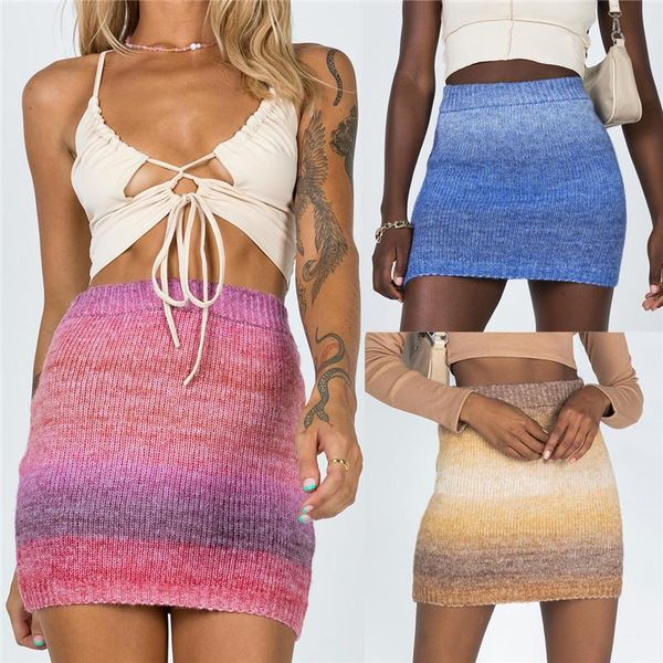 

style knitted mini skirts women gradient bodycon high waist stretchy summer casual short pencil clubwear, Black