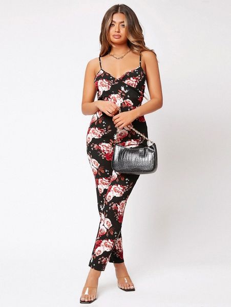 

floral print surplice neck jumpsuit k60a#, White