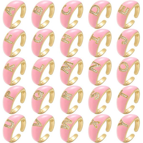 

wedding rings 2021 copper classic zircon letter gold color ring for women jewelry girl gift pink enamel luxury set micro pave adjustable, Slivery;golden