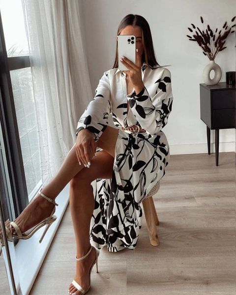 

casual dresses fashion printing a-line women turn-down collar long sleeve, Black;gray