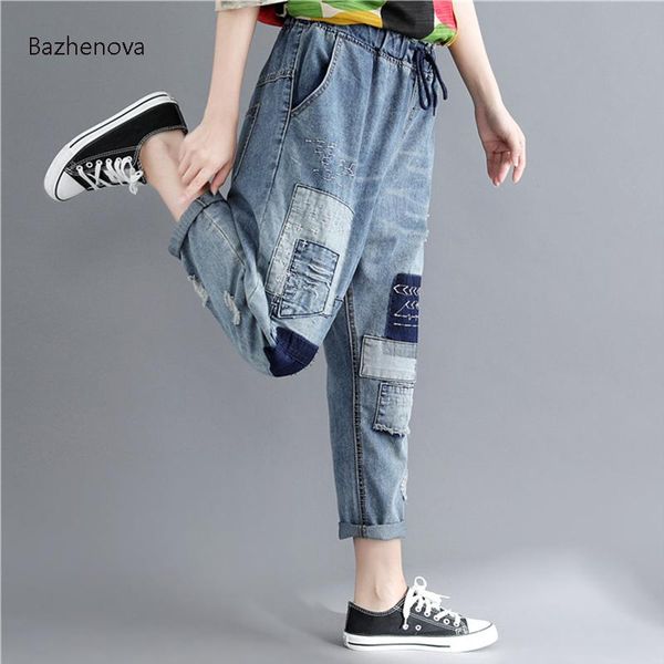 

women's jeans bazhenova autumn women woman patchwork hole loose casual denim pants girls simple beauty trousers woman's clothes r0, Blue