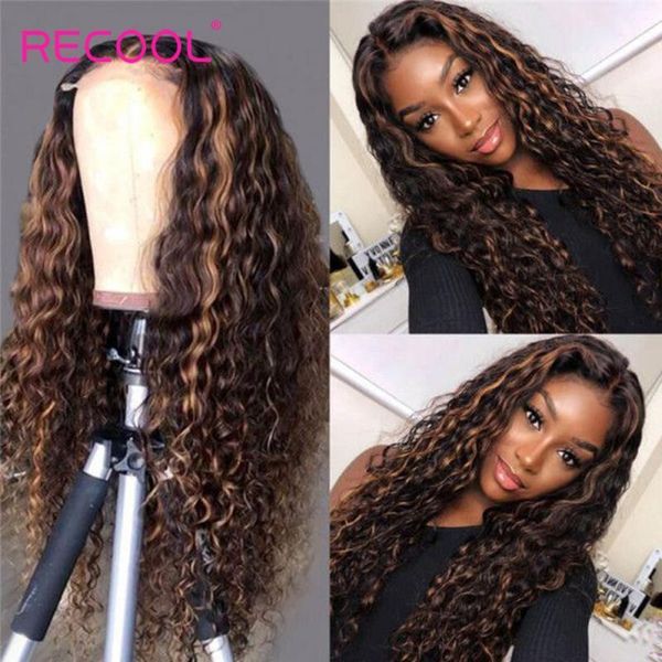 

recool highlight water wave wig 13x4 lace front human hair wigs ombre colored curly for black women remy pre plucked1, Black;brown