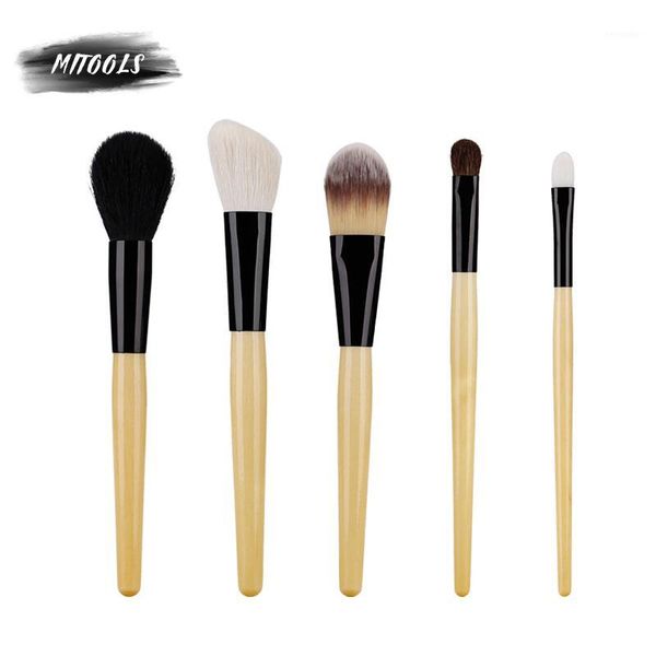 

2021 5pc yellow makeup brush set solid wood handle foundation mix powder tools1