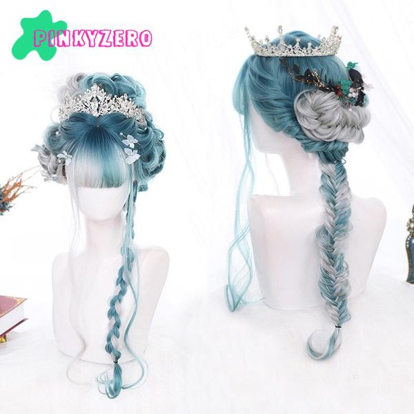 

other event & party supplies mixed green grey lolita wavy wig harajuku fringe bangs body wave curly synthetic kawaii hair women girl hallowe