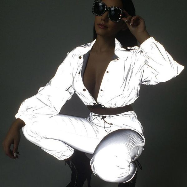 

two piece dress women jacket set active and pant reflective fluorescence woman jackets spring autumn long sleeve crop shining outwe, White