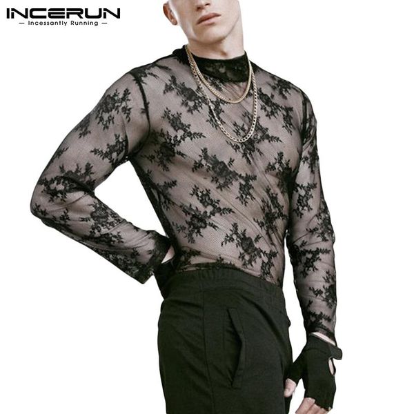 

men's t-shirts men mesh t shirt lace transparent long sleeve streetwear turtleneck tee 2021 fashion party nightclub camisetas ince, White;black