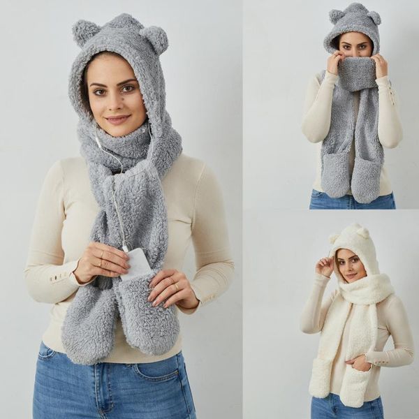 

scarves 3 in 1 women winter warm soft thickening hood scarf snood pocket hats gloves fashion hooded srarves hat glove, Blue;gray