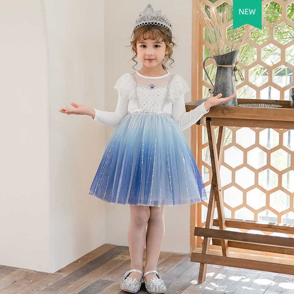 Девушки Летнее платье для детей с длинным рукавом Ice Blue Princess Tulle Fly Everated Хлопок Костюм Vestido 210529