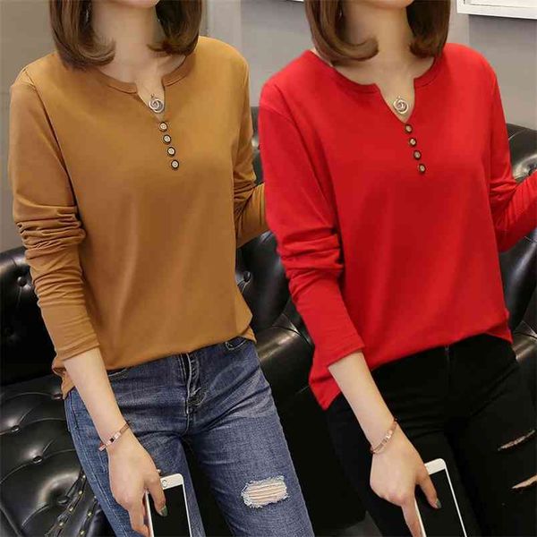 

oversized 5xl women's t-shirts spring autumn long sleeve button v-neck solid print bottoming tees casual loose t-shirt 210522, White