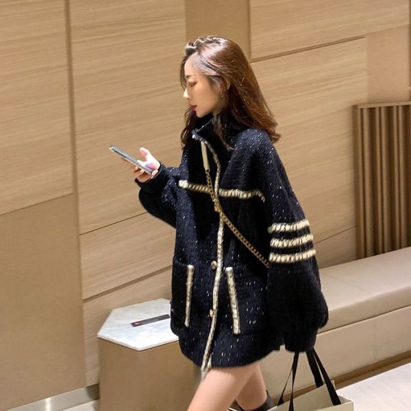 

women's wool & blends little thick fragrance female wool korean style mature light temperament loose from long sleeve wild quilted puz6, Black