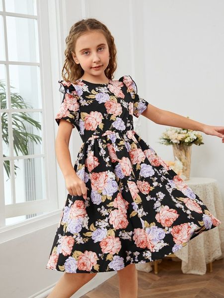 

girls allover floral print zip back dress she, Red;yellow