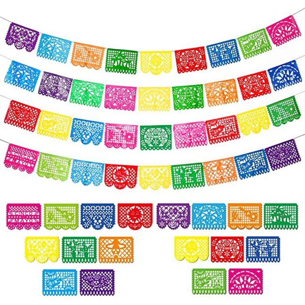 

party decoration 5 packs mexican banners, large plastic papel picado banner, fiesta decorations, with 12 different designs patterns