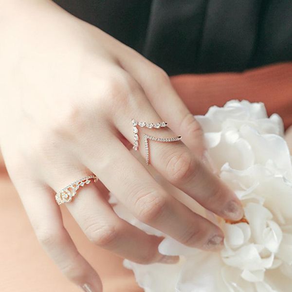 

cluster rings fashion double layer rose gold color trendy zircon crystal v shape for women korean style wedding party jewelry, Golden;silver
